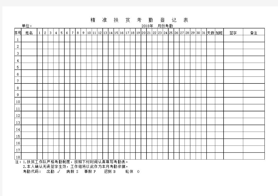 2018年精准扶贫考勤登记表