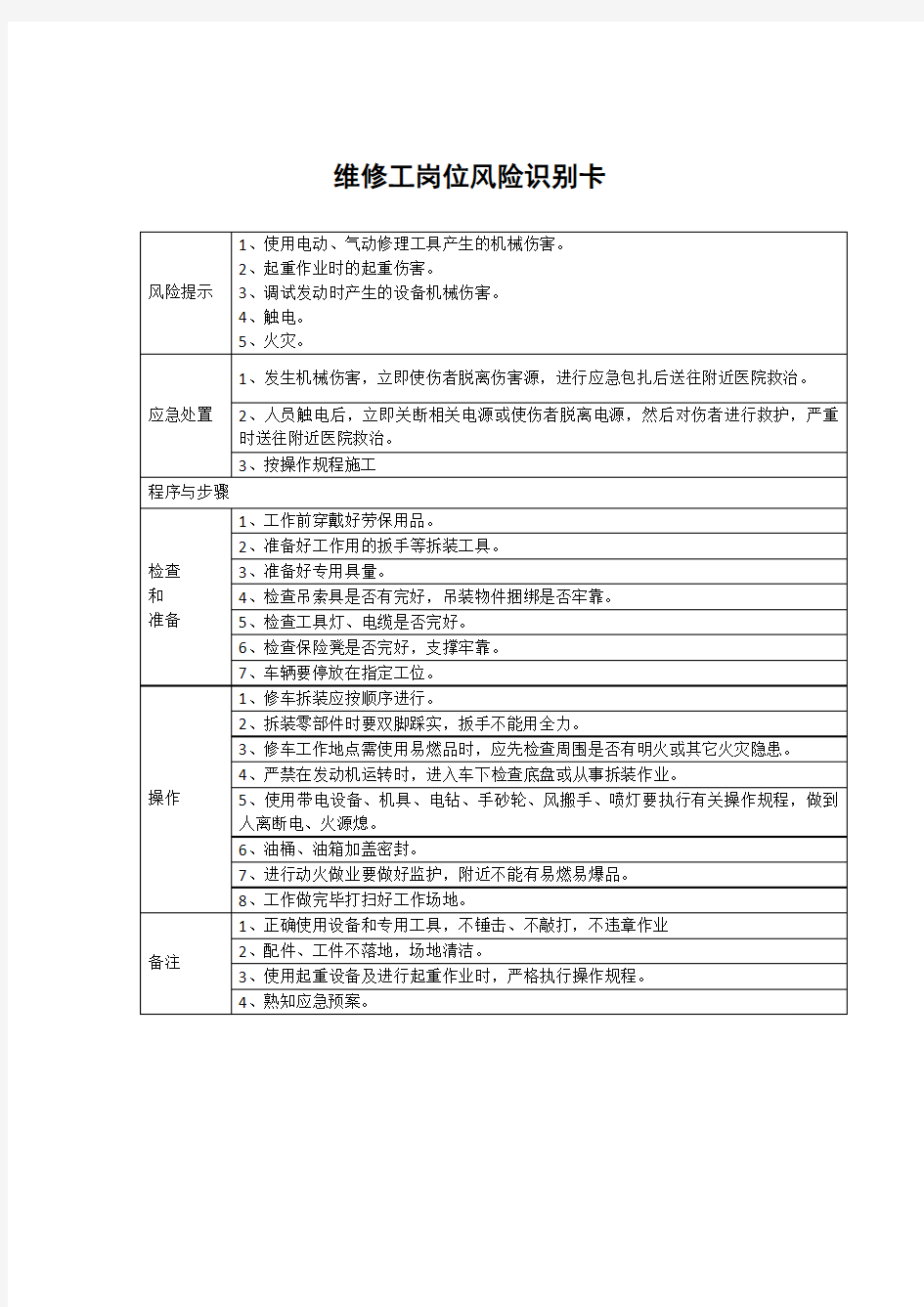 维修工岗位风险识别卡