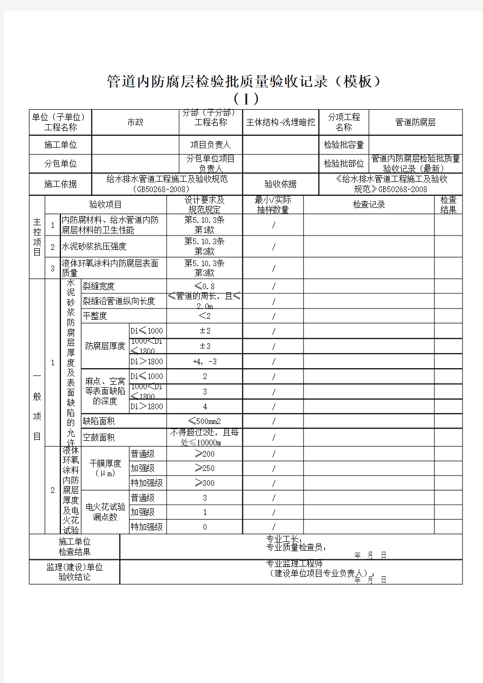 管道内防腐层检验批质量验收记录(模板)