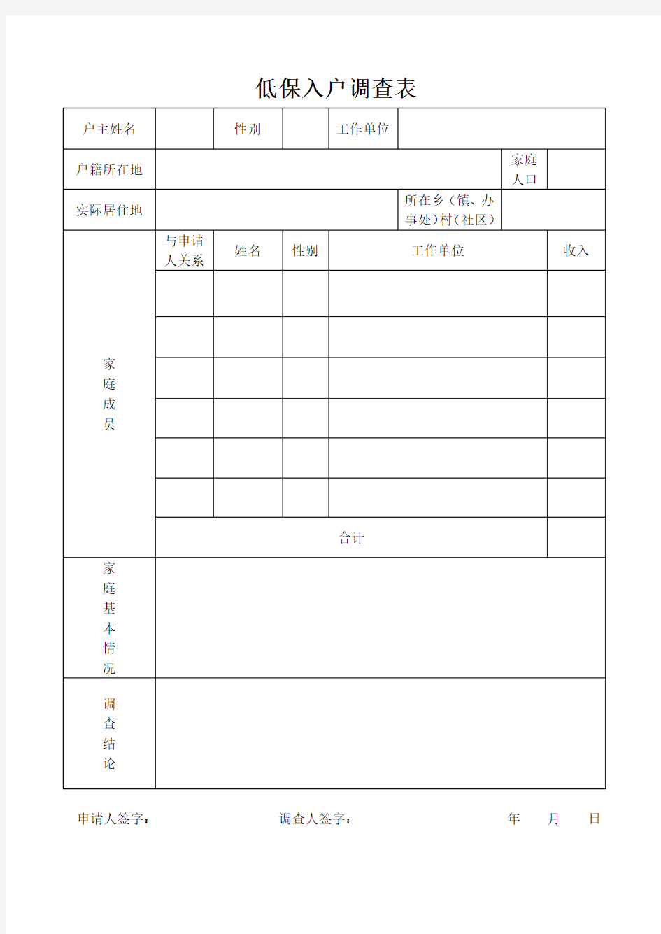 低保入户调查表