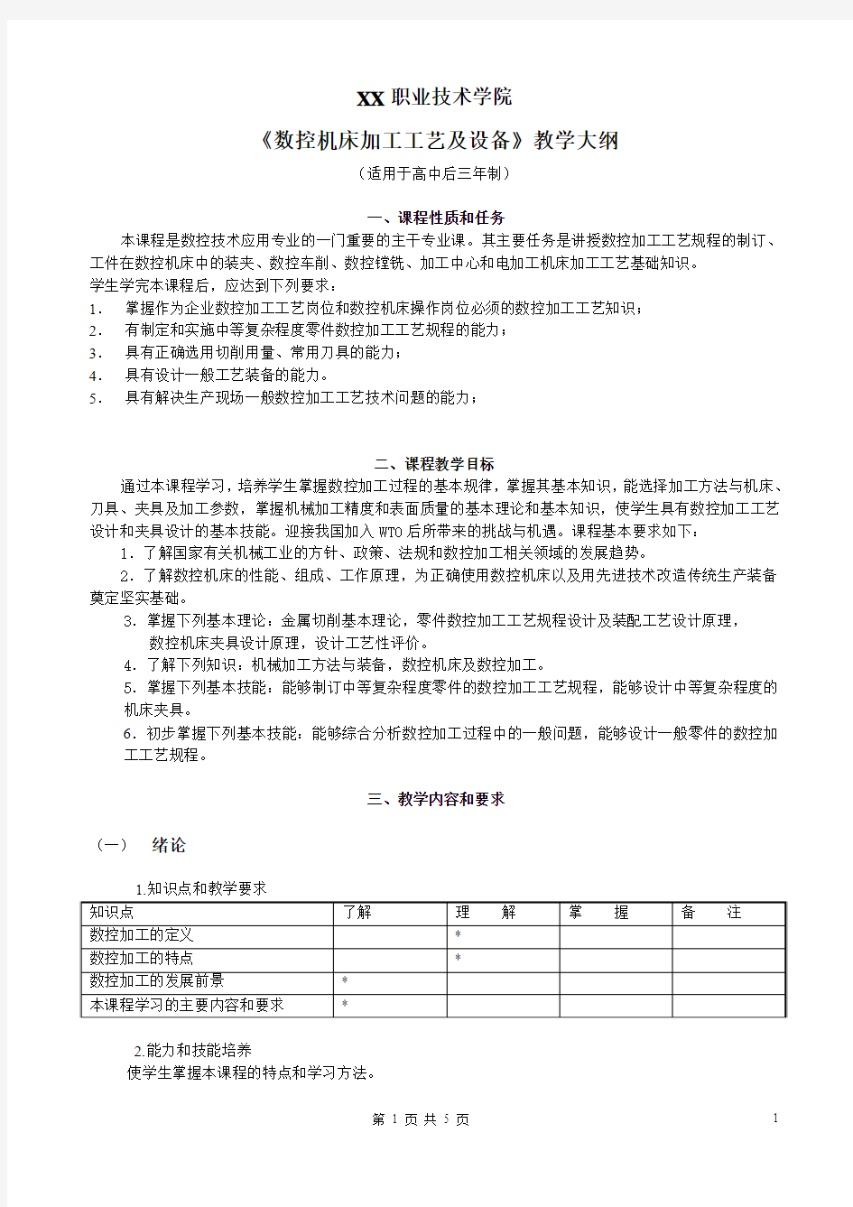 数控机床加工工艺及设备教学大纲