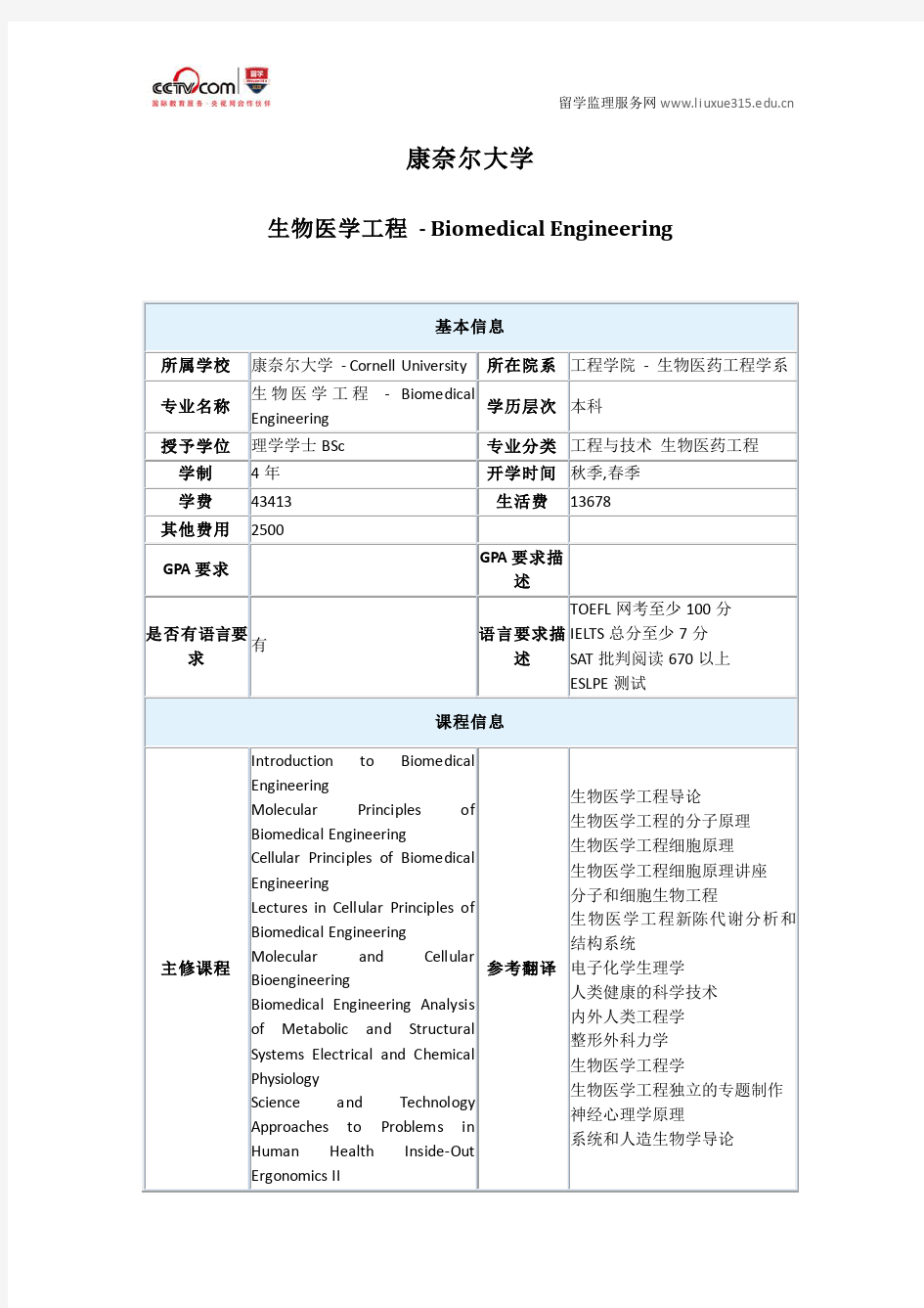 美国康奈尔大学生物医学工程申请