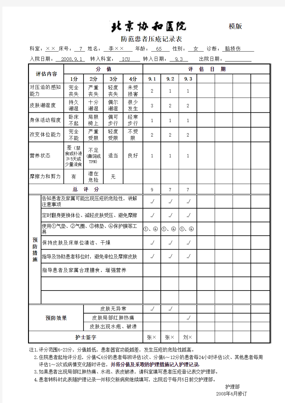 防范患者压疮记录表(模版)