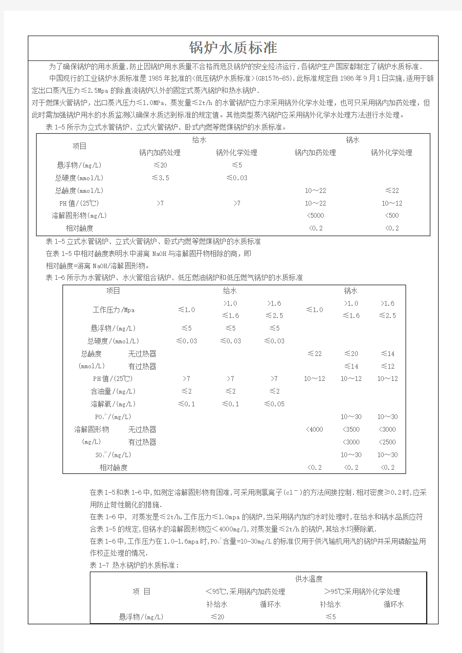 锅炉水质标准