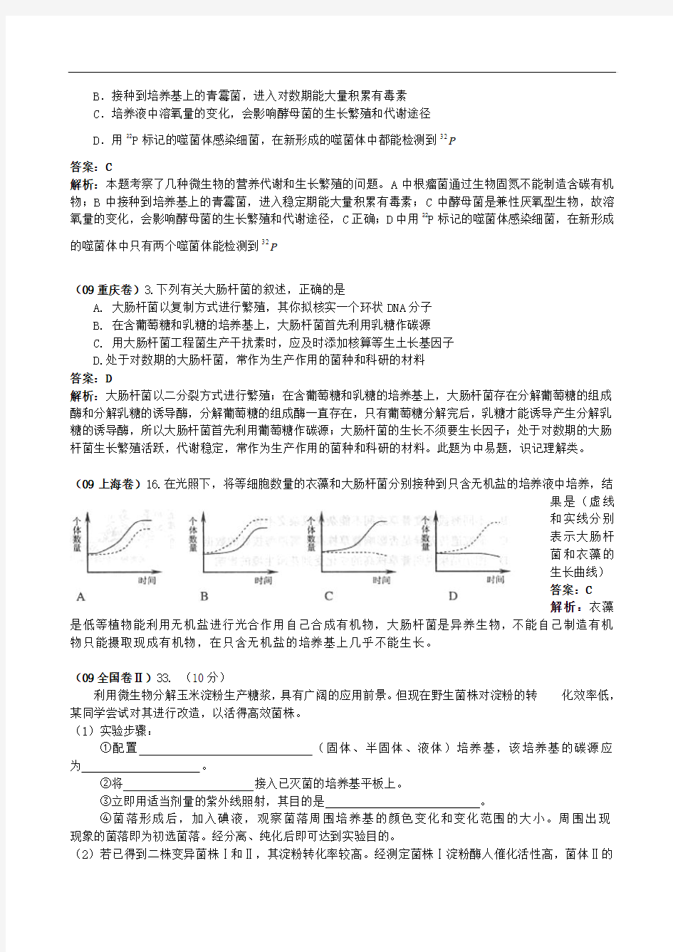 2009年高考生物试题分类汇编--微生物及发酵工程