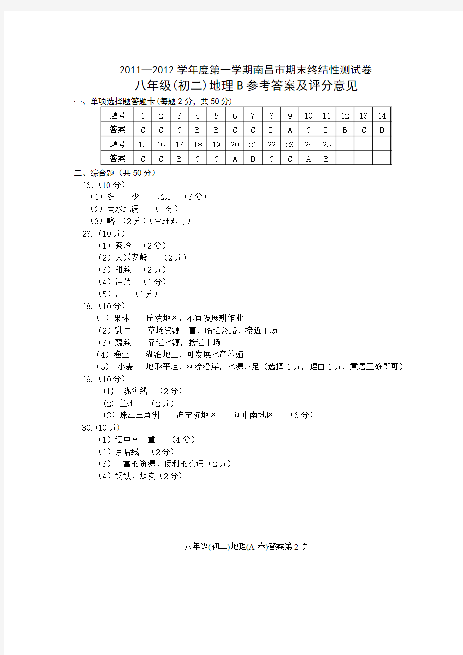 20112012学年度第一学期南昌市期末终结性测试卷八年级地理答案