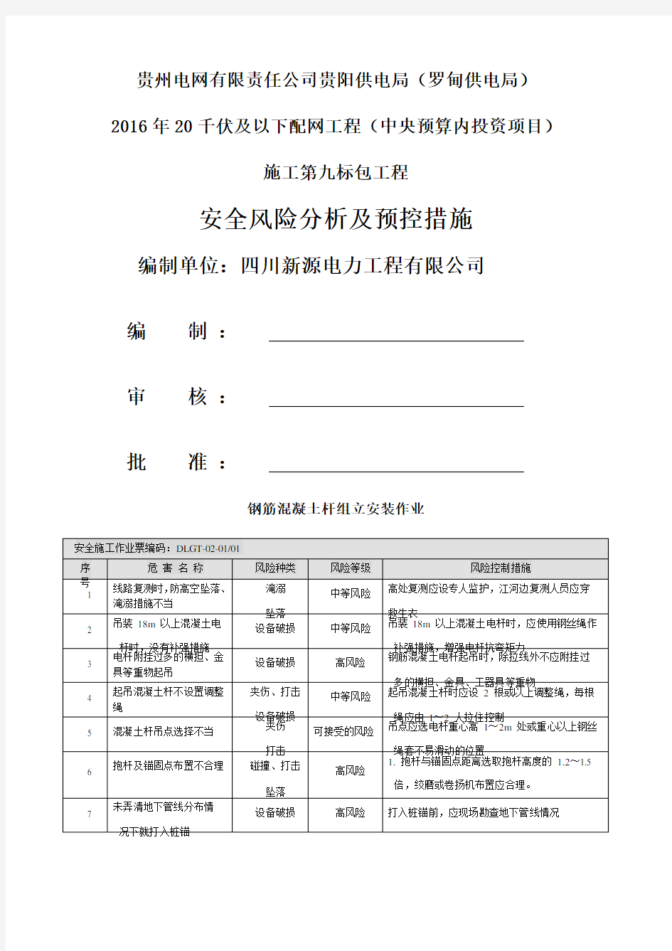 安全风险分析及预控措施