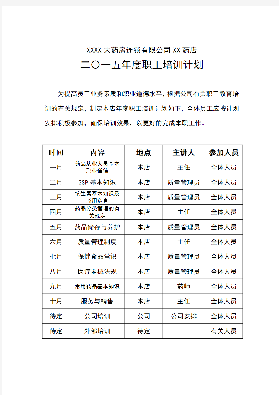 药店年度职工培训计划