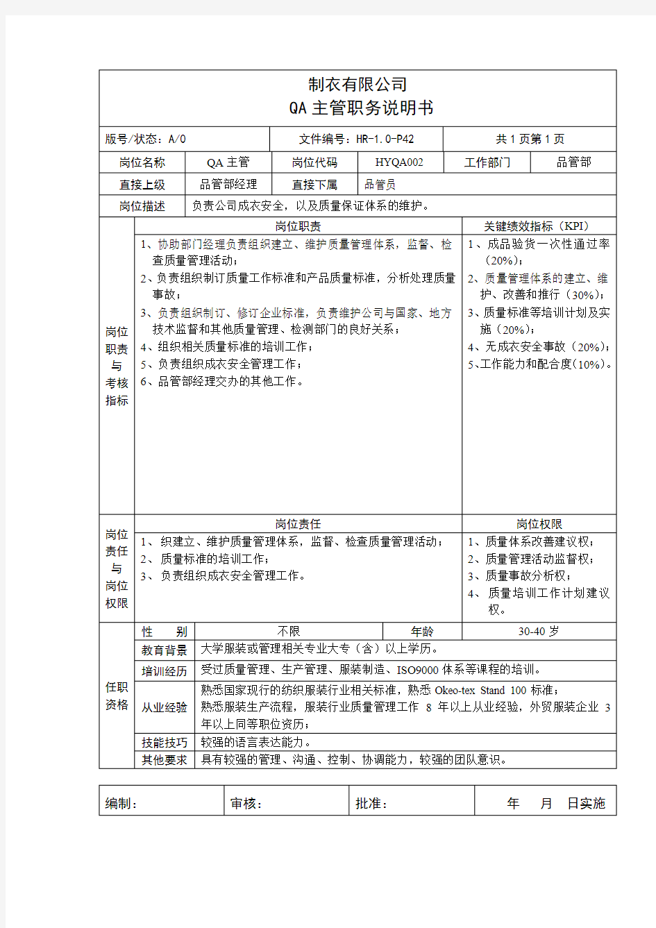 制衣有限公司QA主管职务说明书