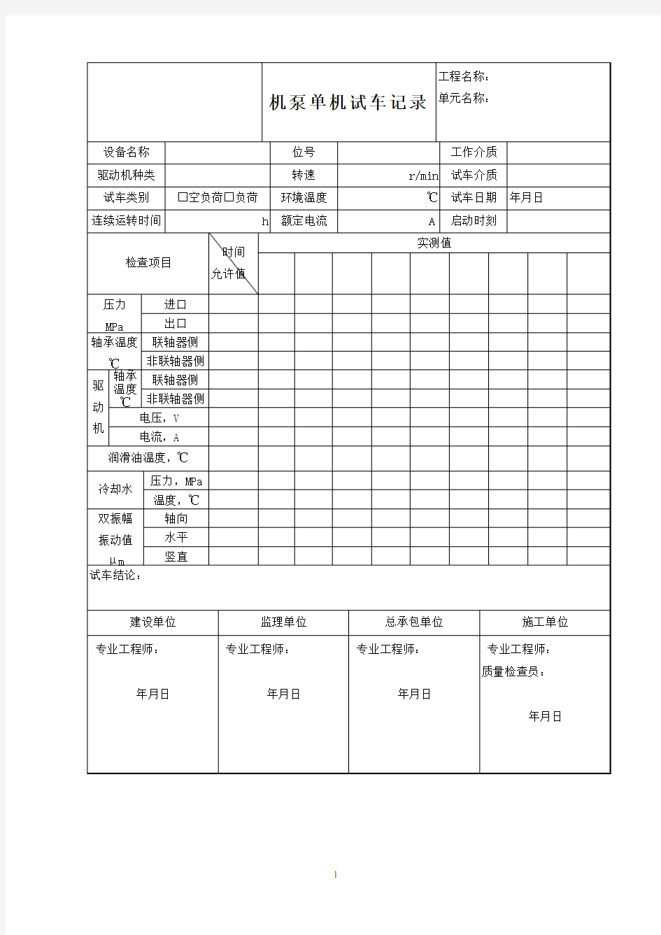 机泵单机试车记录