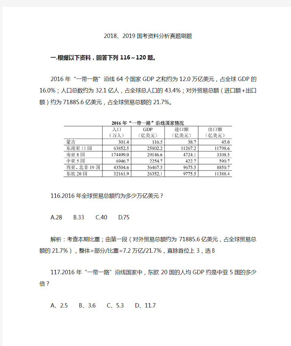 2018、2019国考行测资料分析真题刷题