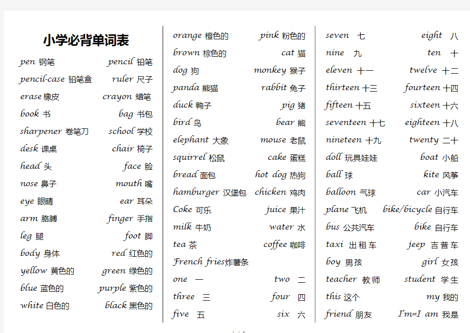 小学英语必背单词非常工整精