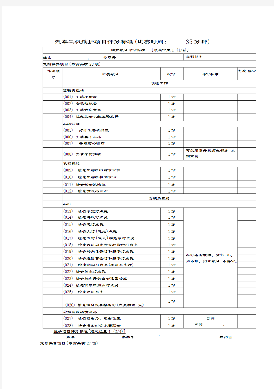 汽车二级维护项目评分标准