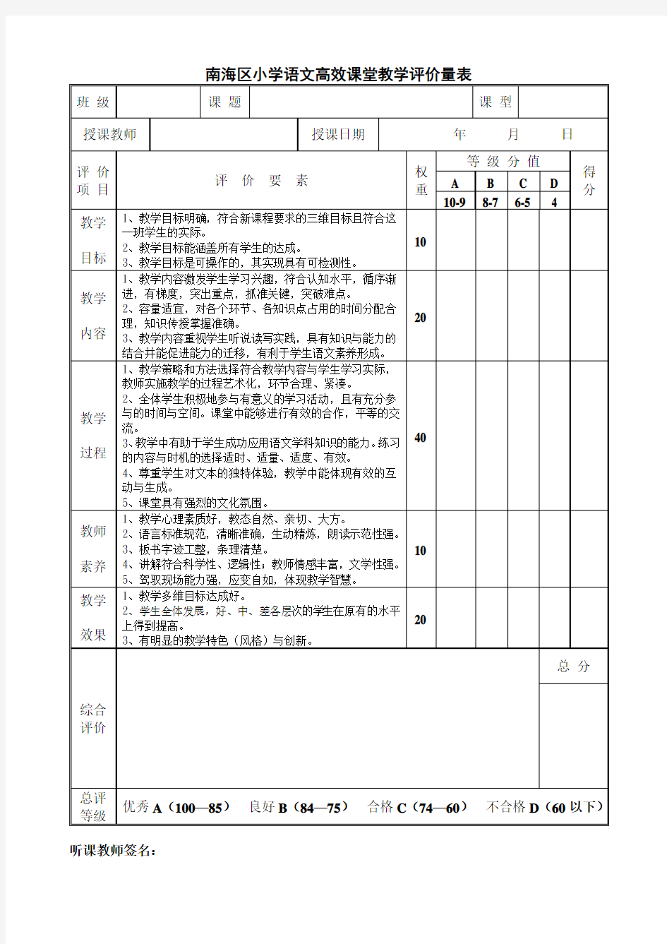 小学语文高效课堂教学评价量表(新修订)