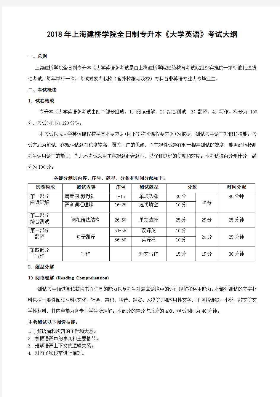 2018年上海建桥学院全日制专升本《大学英语》考试大纲[0001]