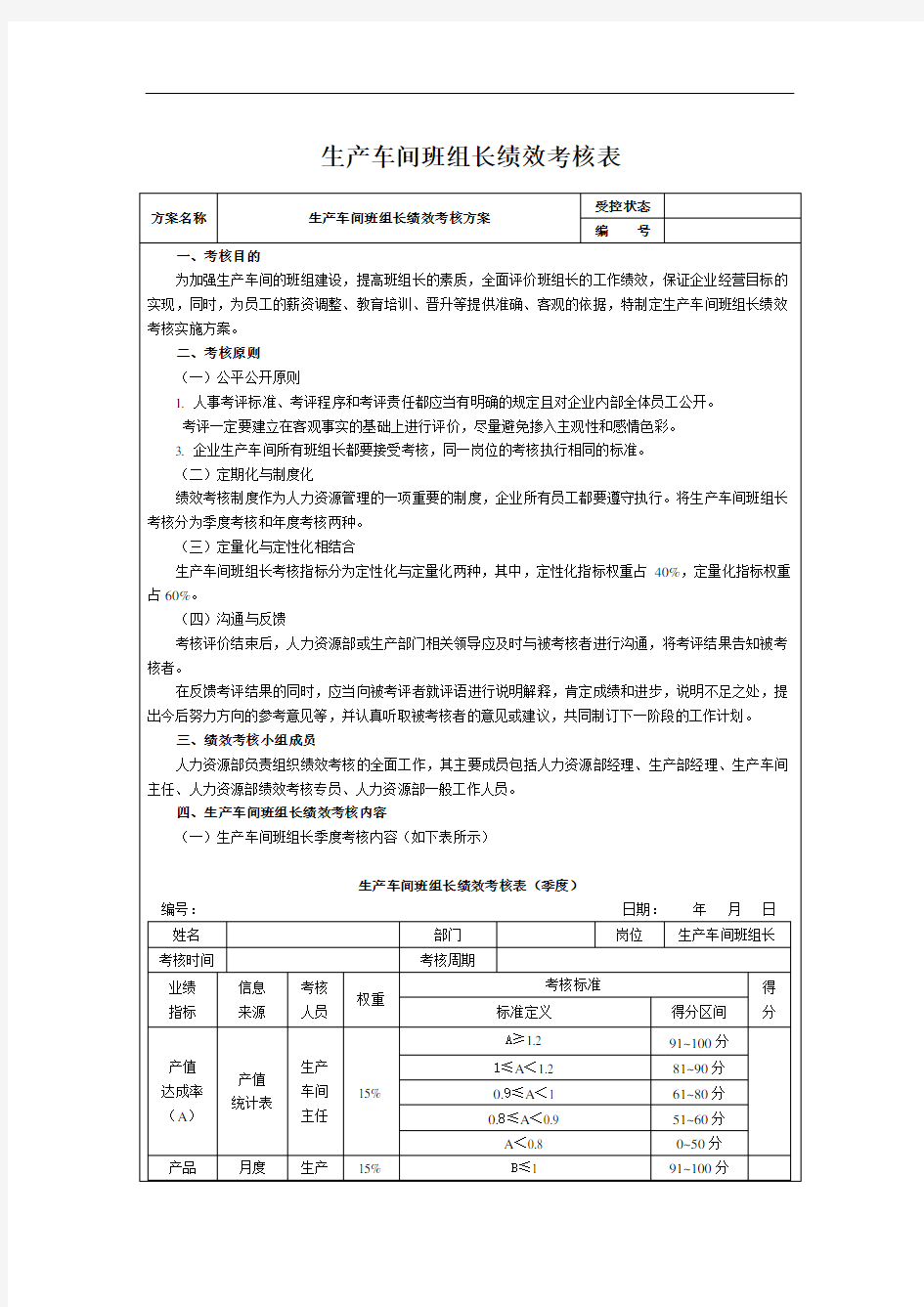 生产车间班组长绩效考核表