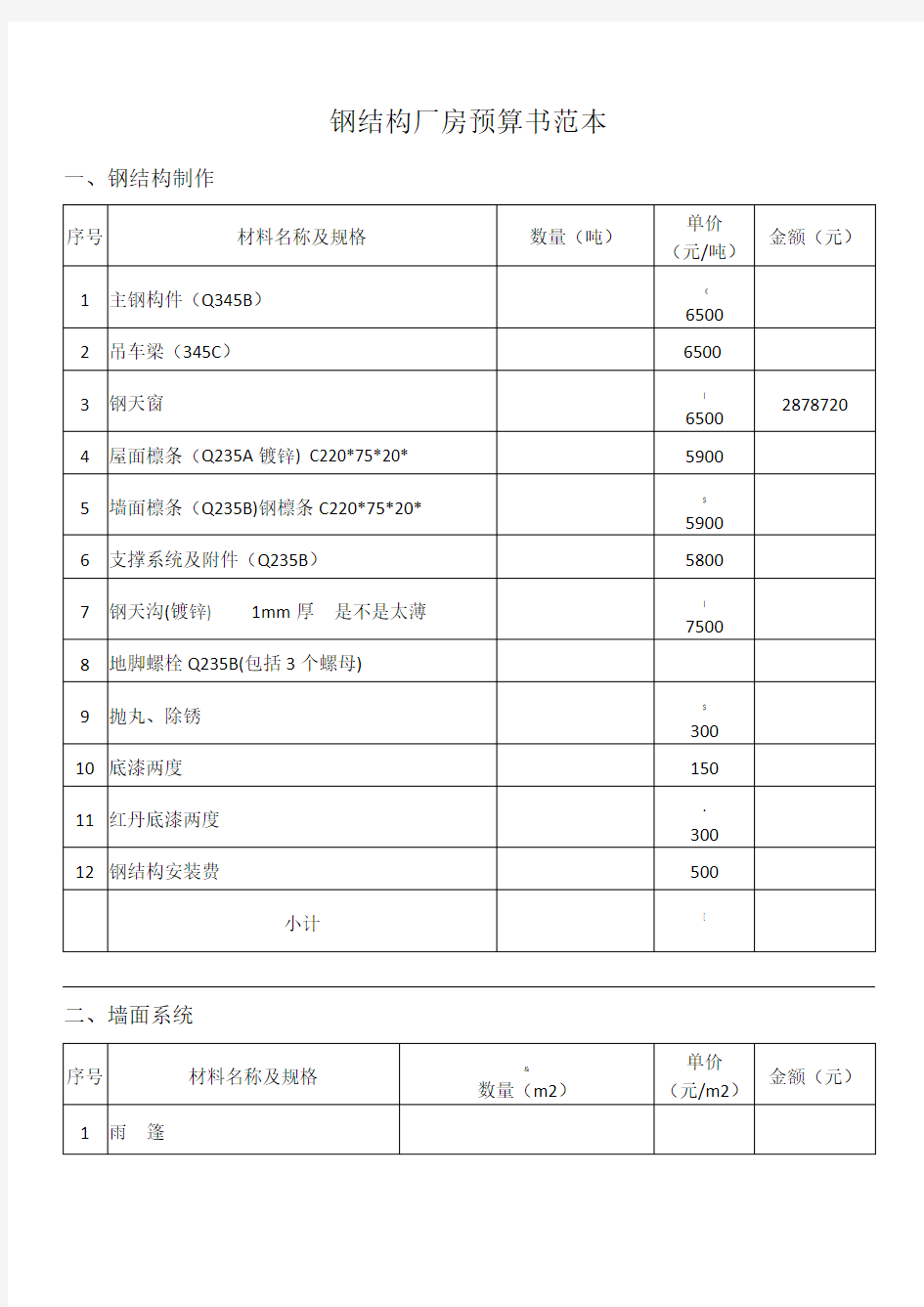 钢结构厂房预算书范本