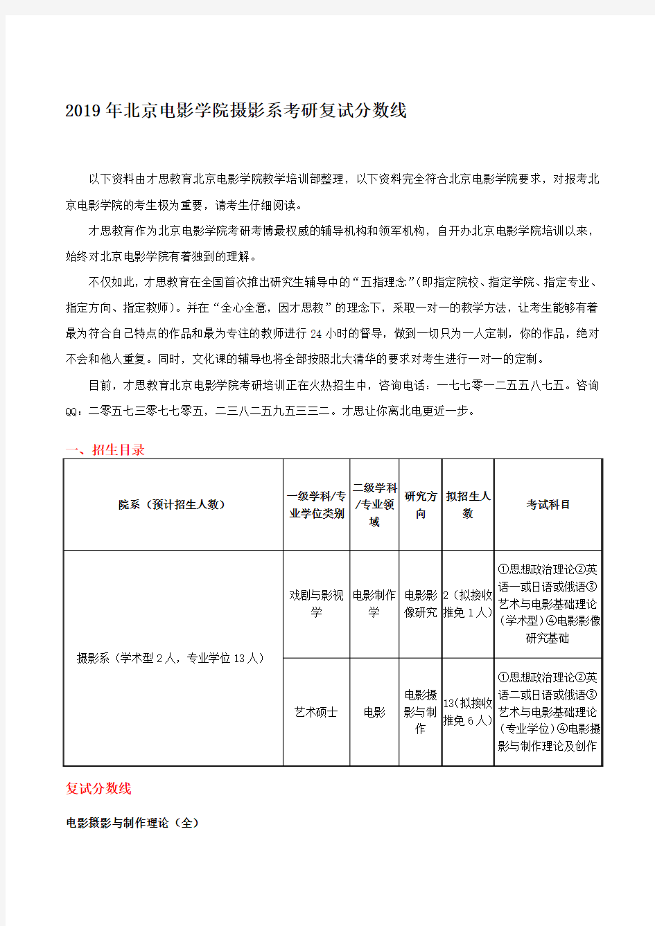 2019年北京电影学院摄影系考研复试分数线