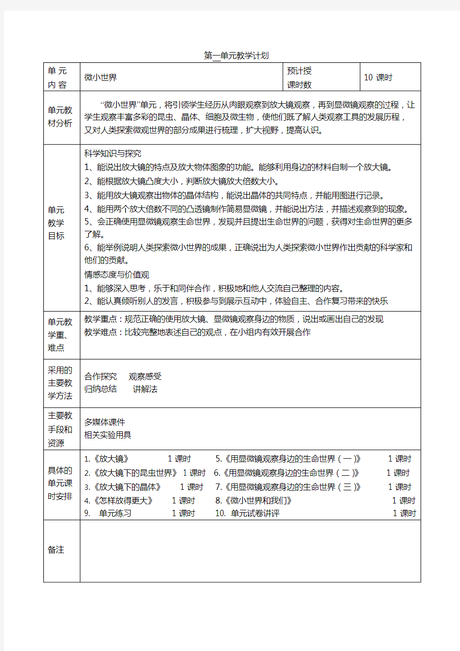 教科版六年级下册科学第一单元计划(最新整理)