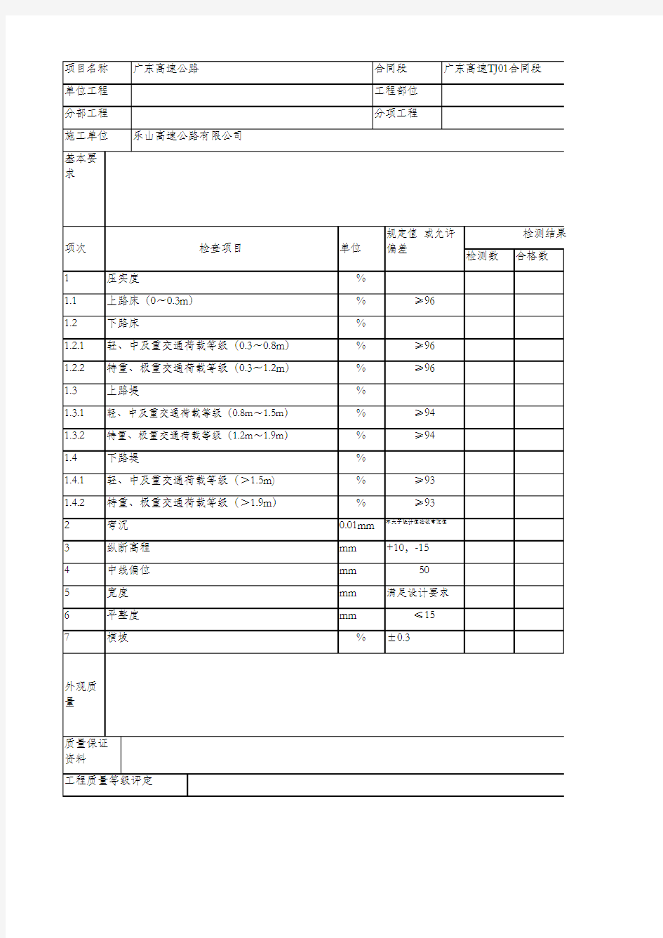 3、土方路基质量检验评定表