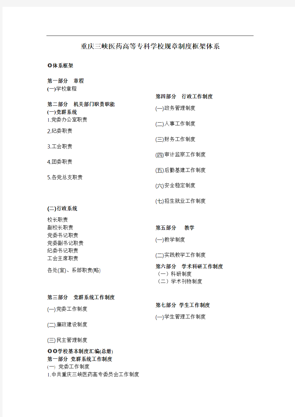 重庆三峡医药高等专科学校规章制度框架体系