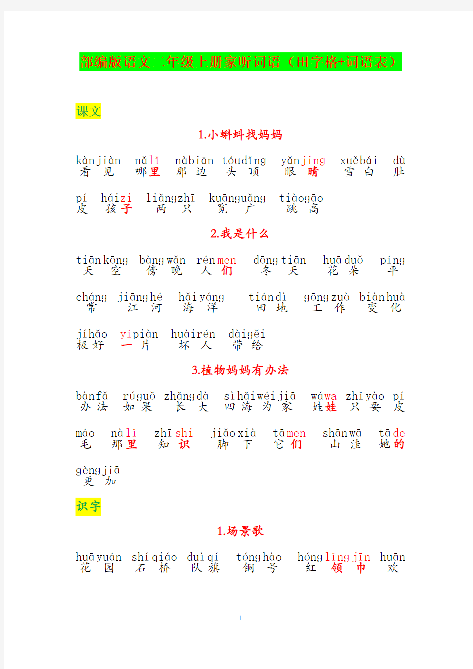 部编版语文二年级上册家听词语(词语表+田字格)