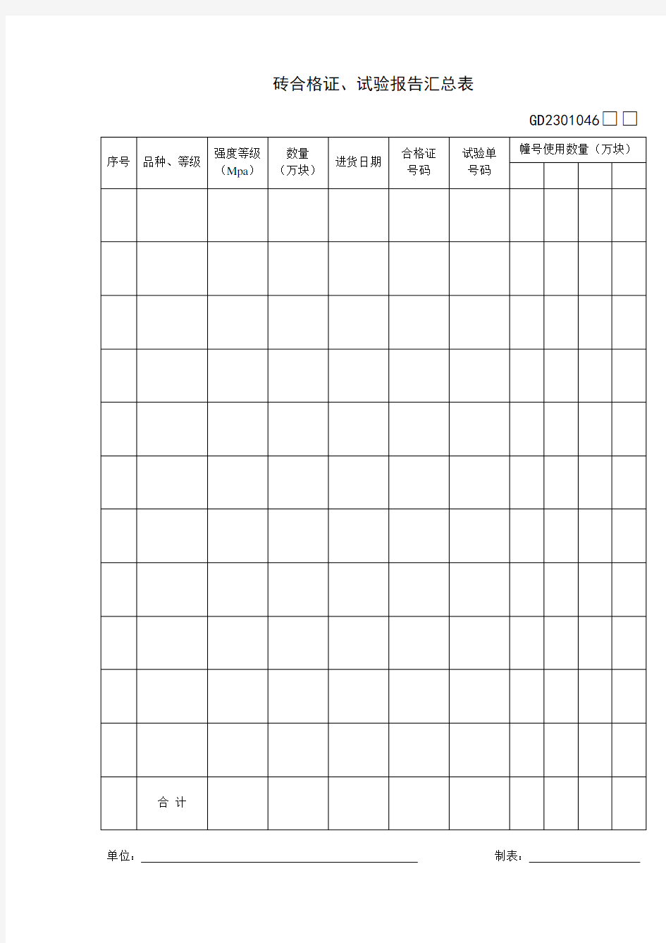 GD2301046砖合格证和试验报告汇总表