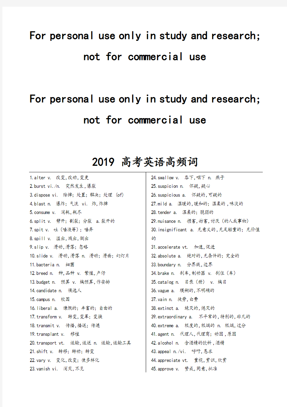 2019年高考英语高频词汇