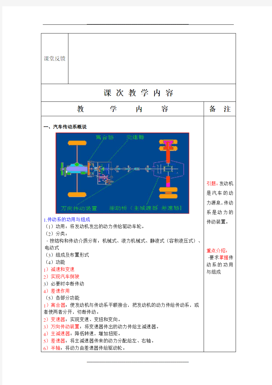 传动系概述 教案