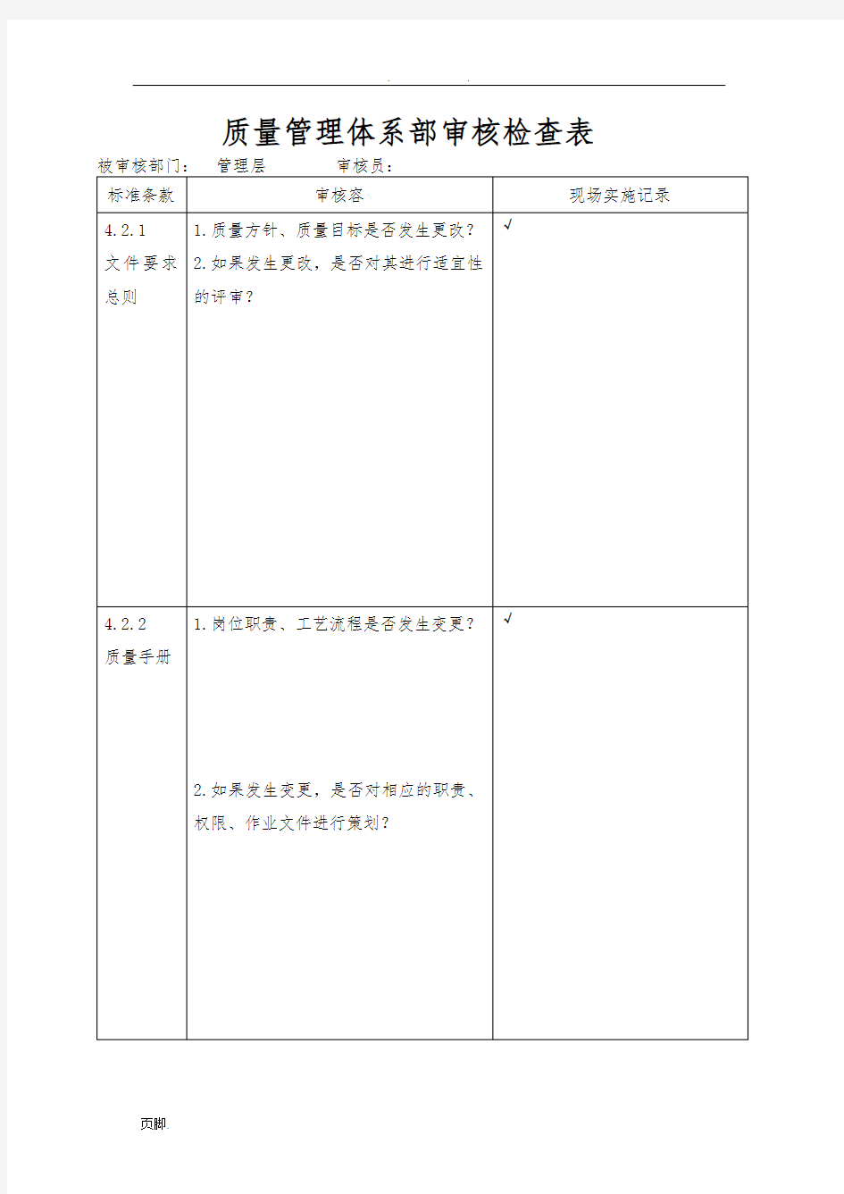 内审检查表-各部门