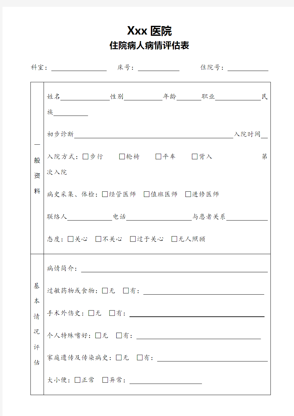 住院病人病情评估表