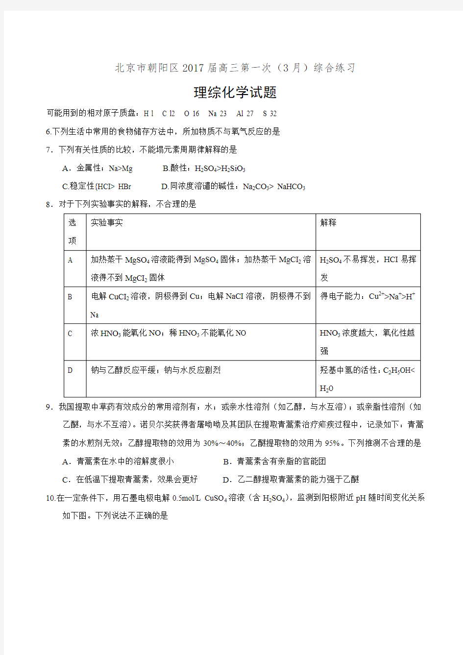 2017朝阳高三一模化学