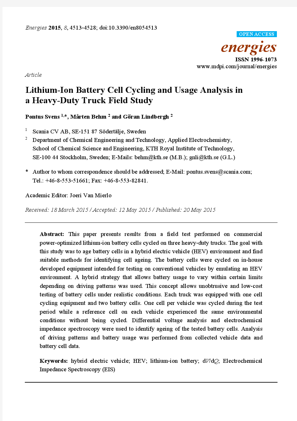 J2015-Lithium-Ion Battery Cell Cycling and Usage Analysis in a Heavy-Duty Truck Field Study