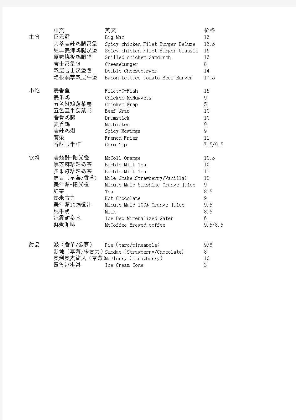 麦当劳最新中英文菜单