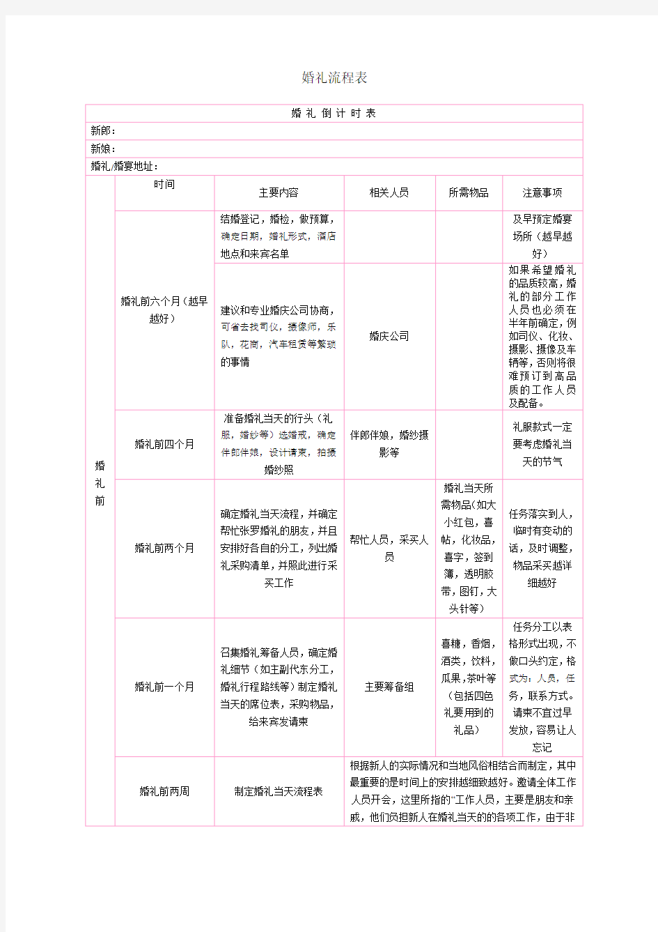 婚礼前期准备流程表