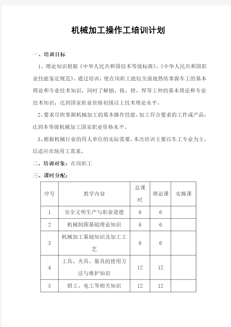 机械加工培训计划及大纲