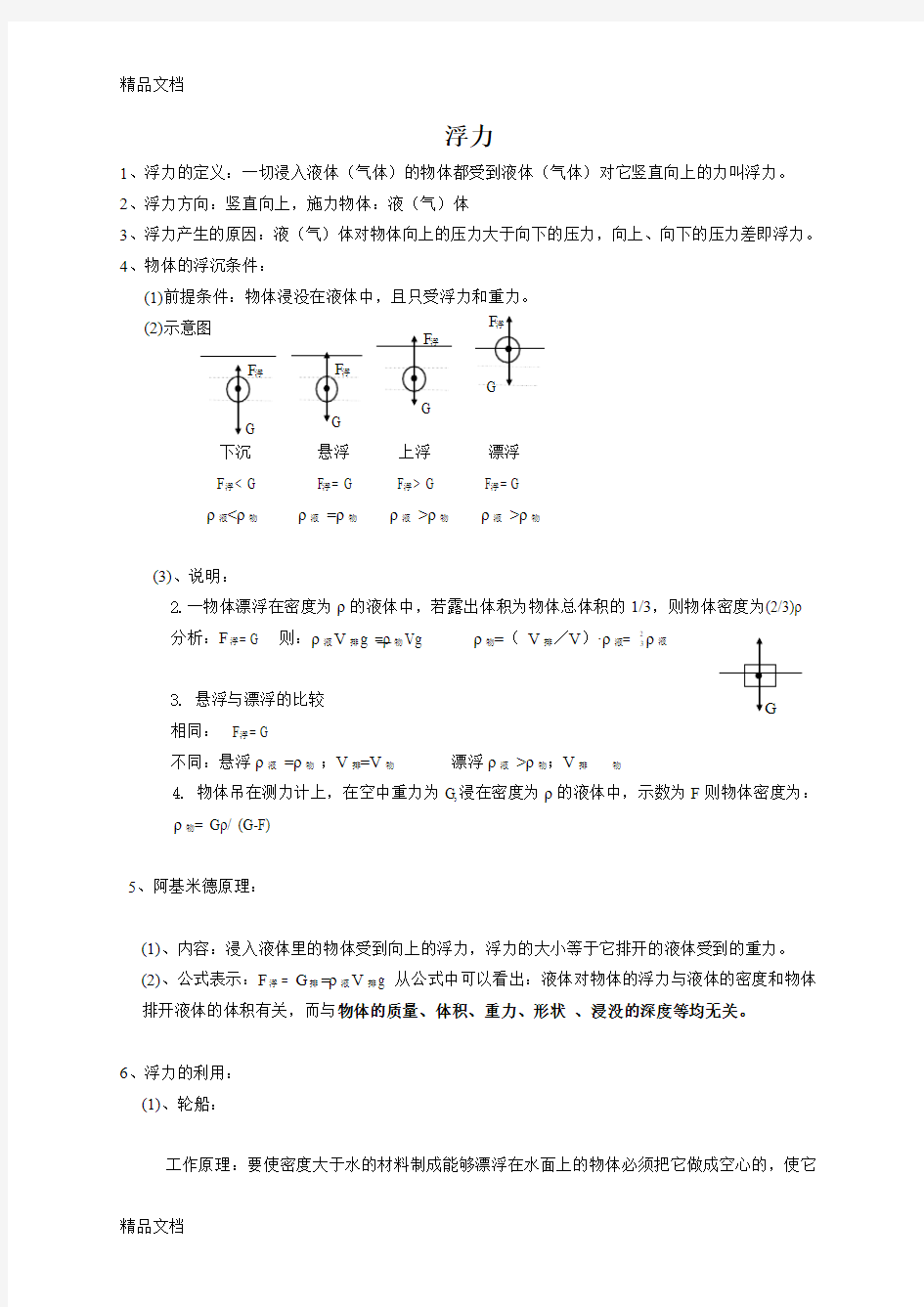 最新初二物理浮力知识点总结