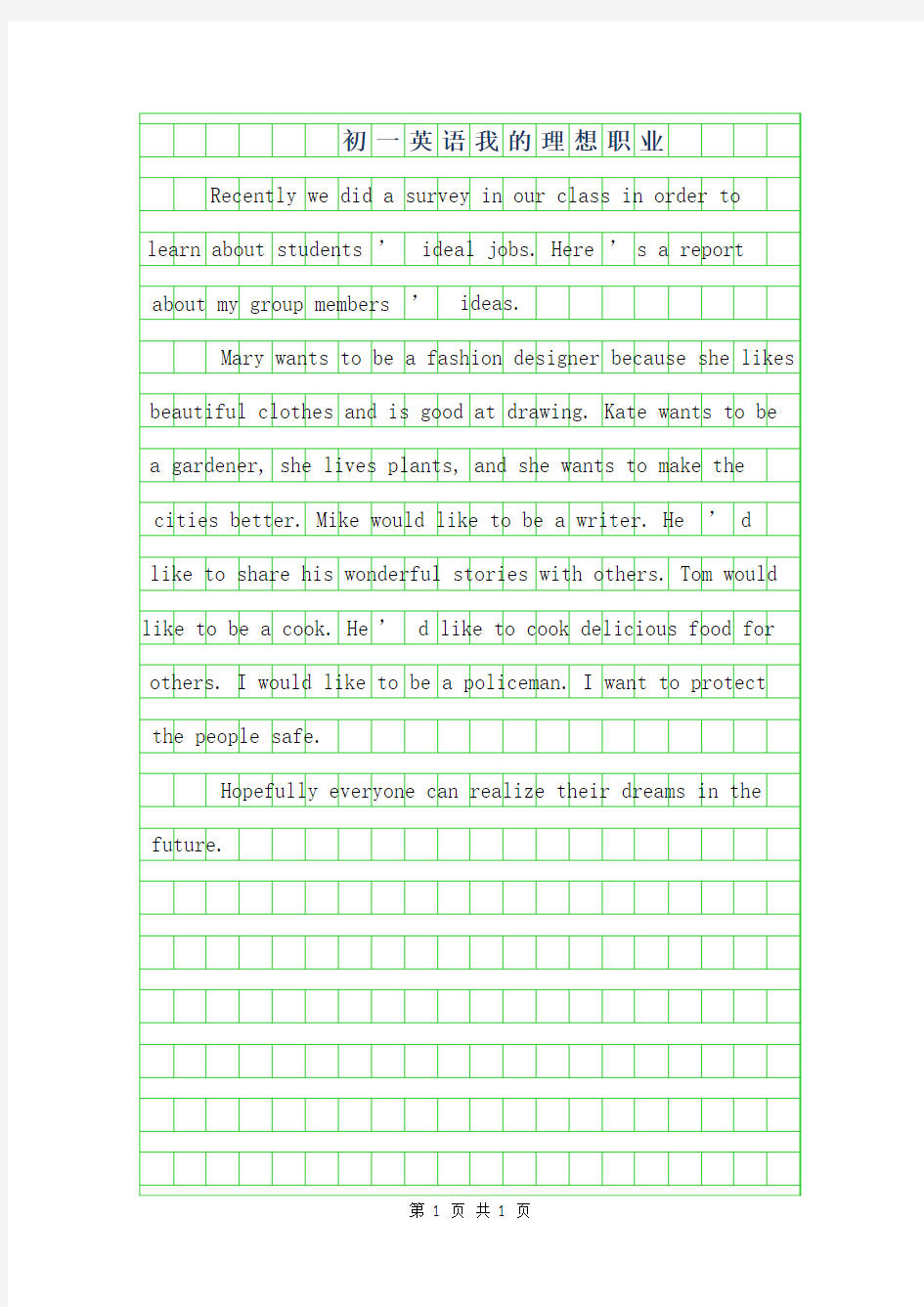 2019年初一英语作文200字-我的理想职业