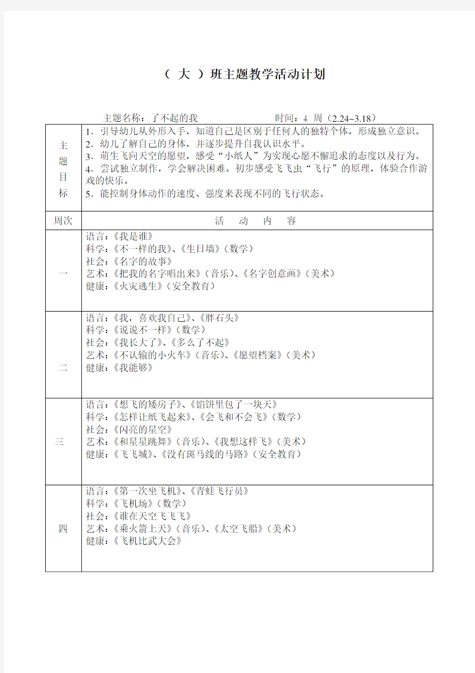 大班第二学期主题计划