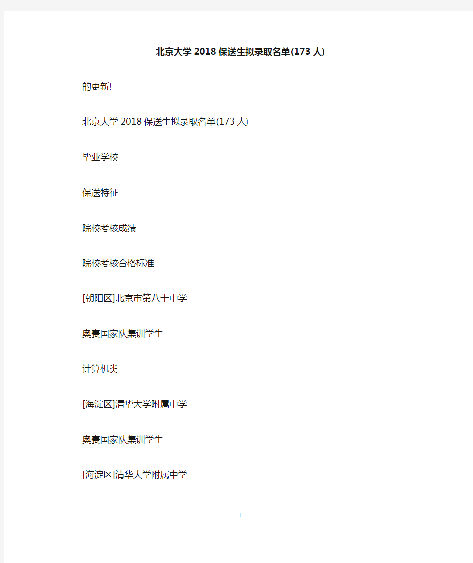 北京大学2018保送生拟录取名单(173人)