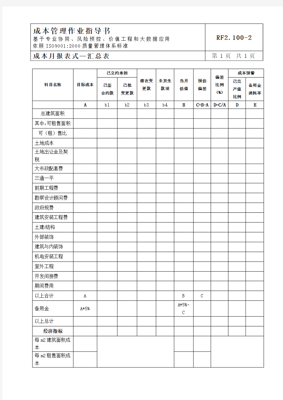 成本月报表式-汇总表