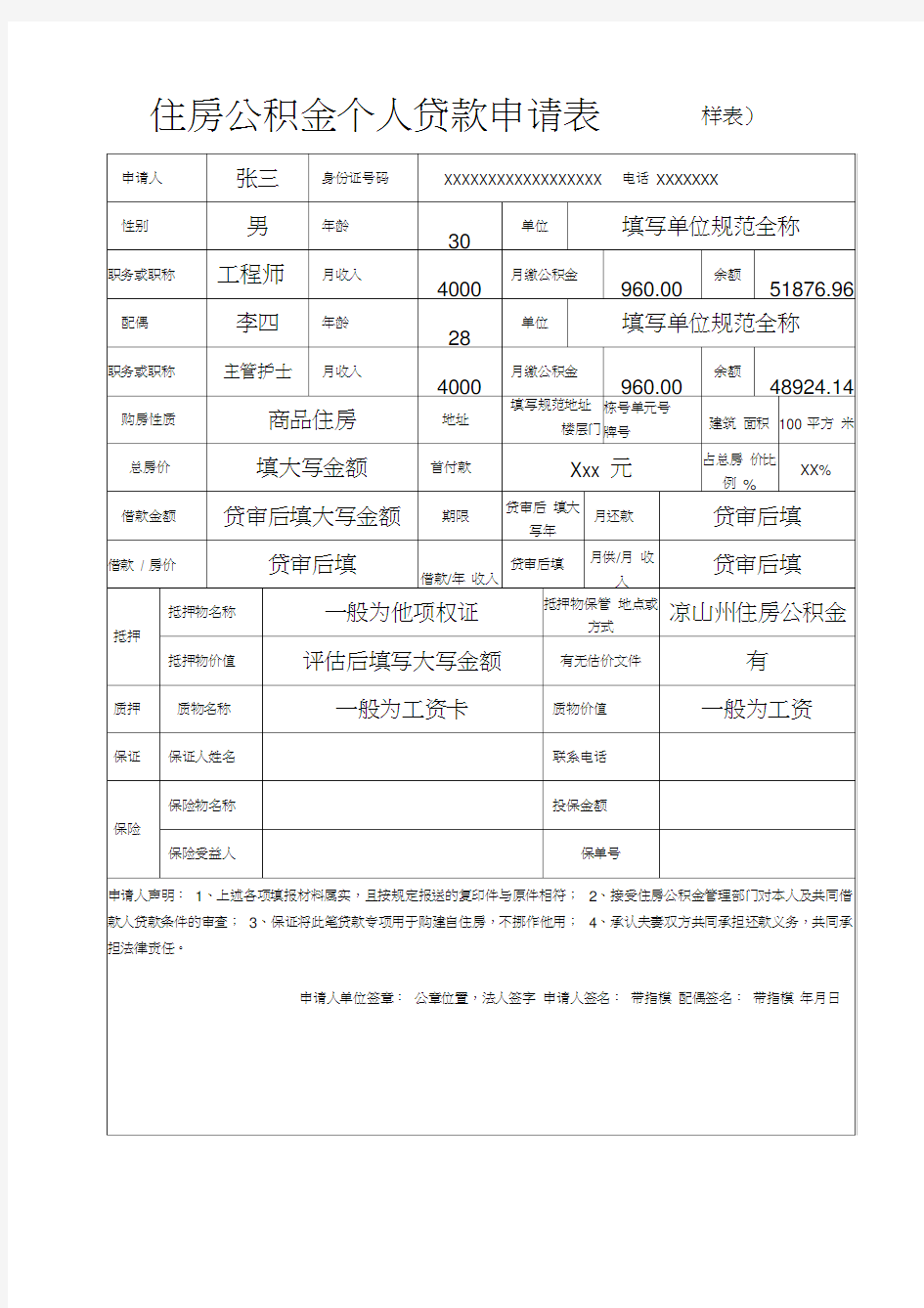 住房公积金个人贷款申请表(样表)