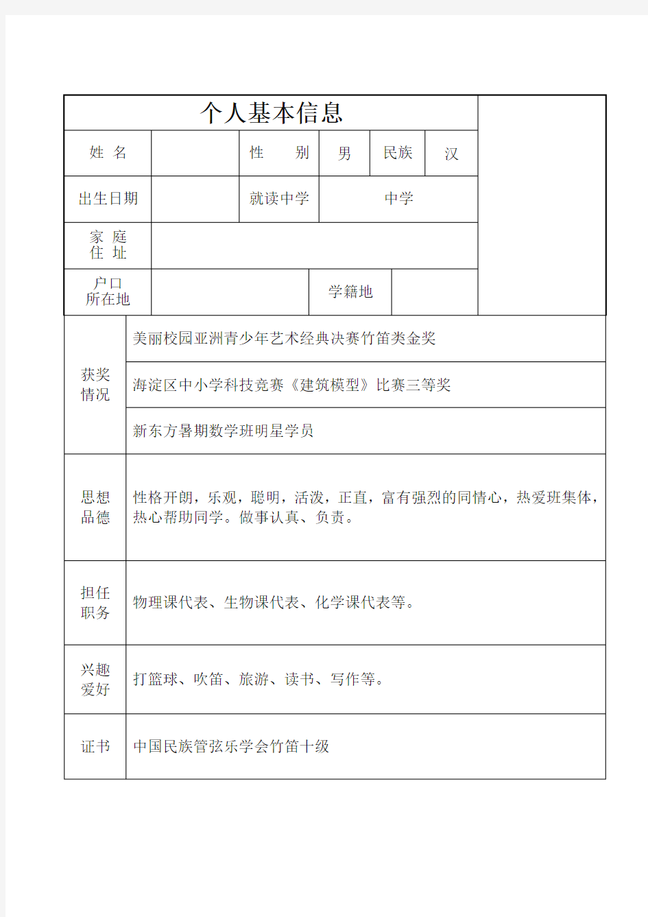 2019年初中升高中个人简历模板【精品】