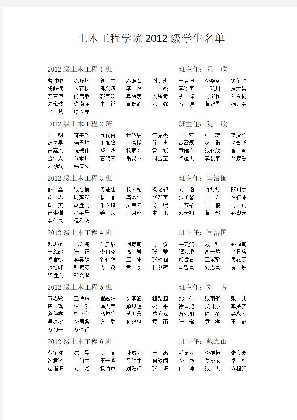 土木工程学院2012级学生名单