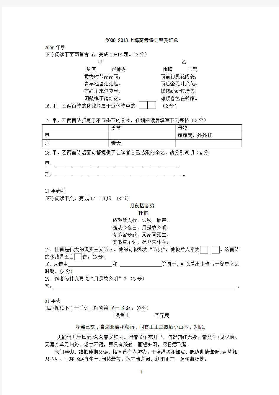 2000-2013上海高考诗歌鉴赏汇总解析