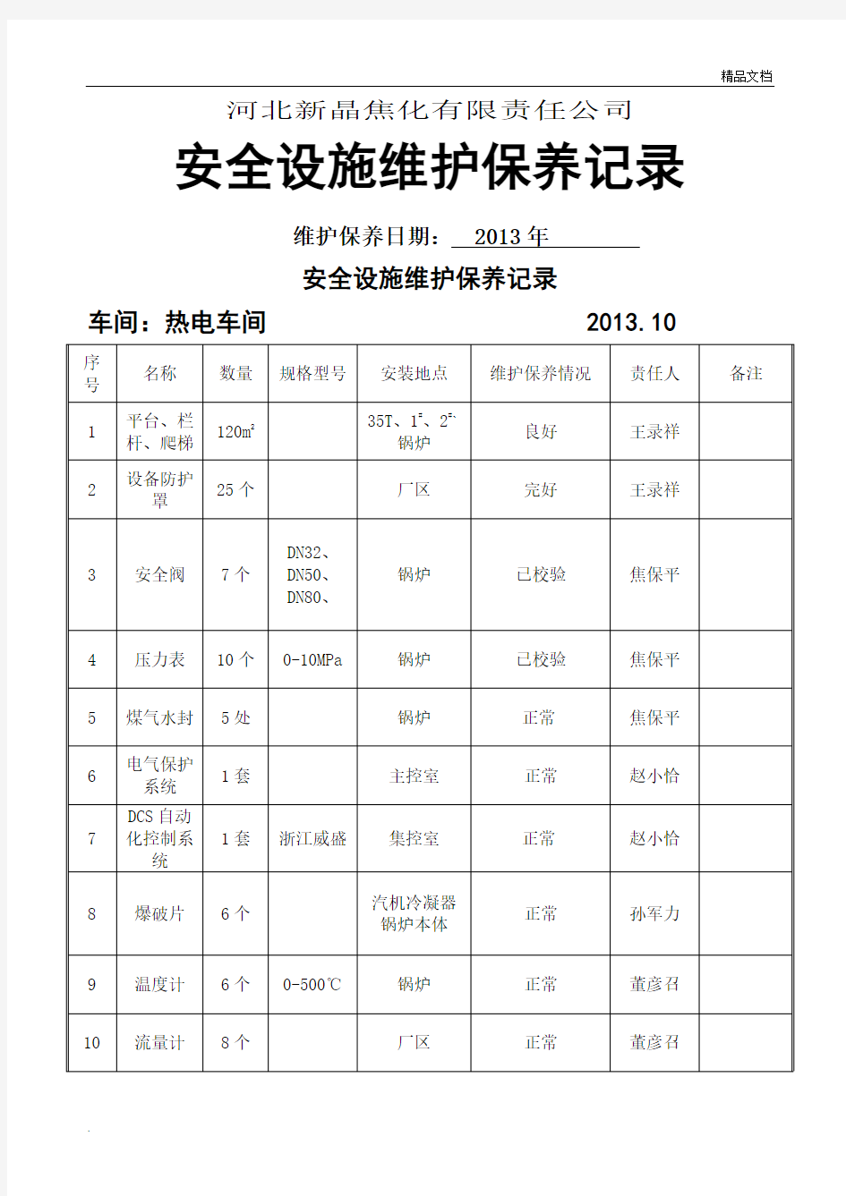 安全设施维护保养记录