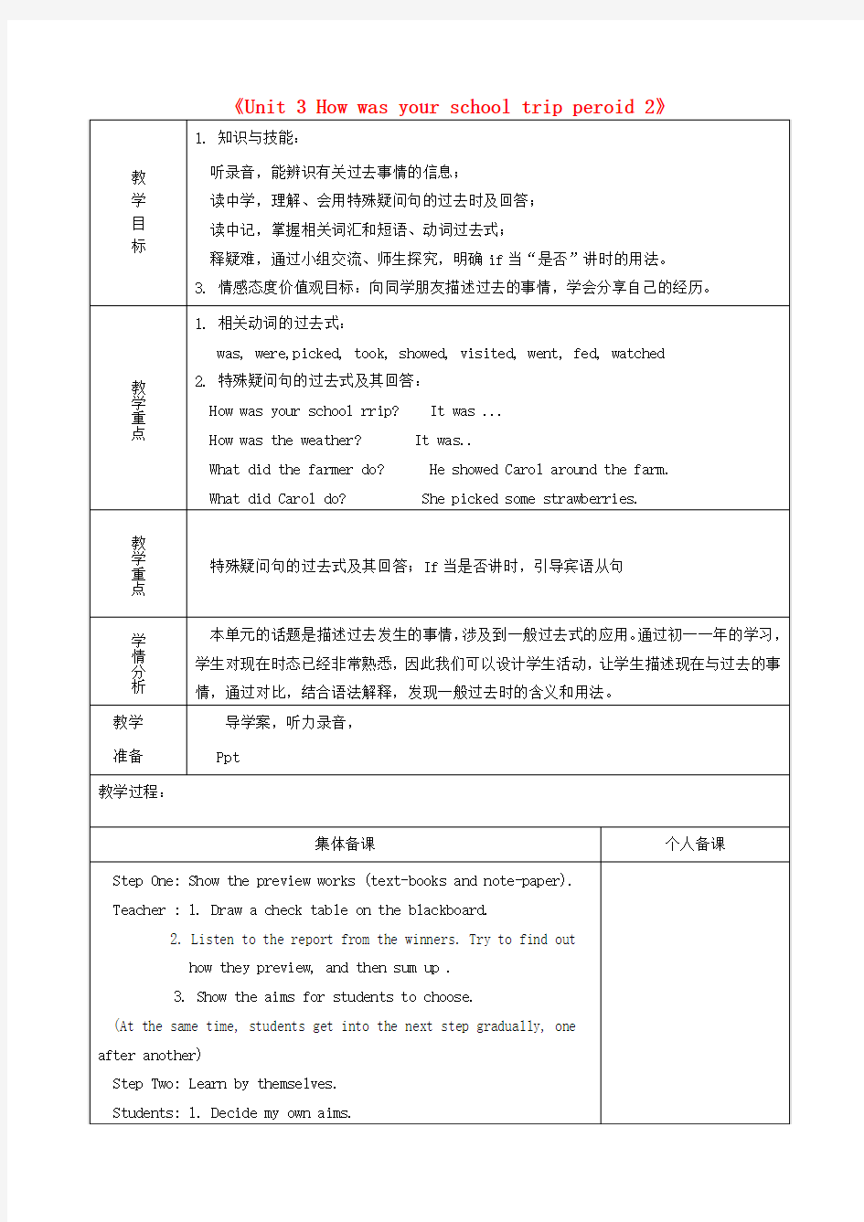 七年级英语上册《Unit3Howwasyourschooltripperiod2》教案鲁教版五四制