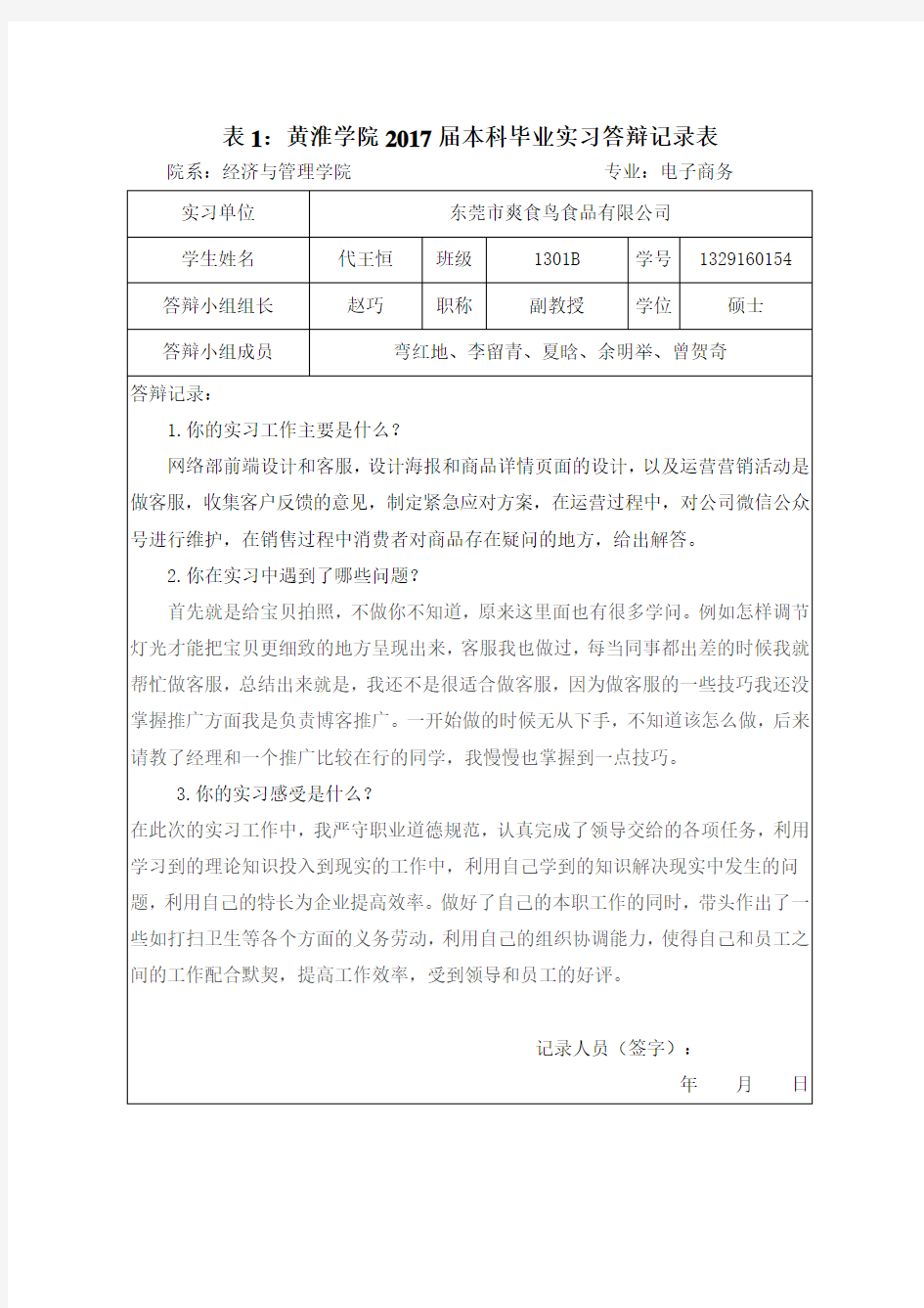 实习答辩记录、评分表(电子商务)