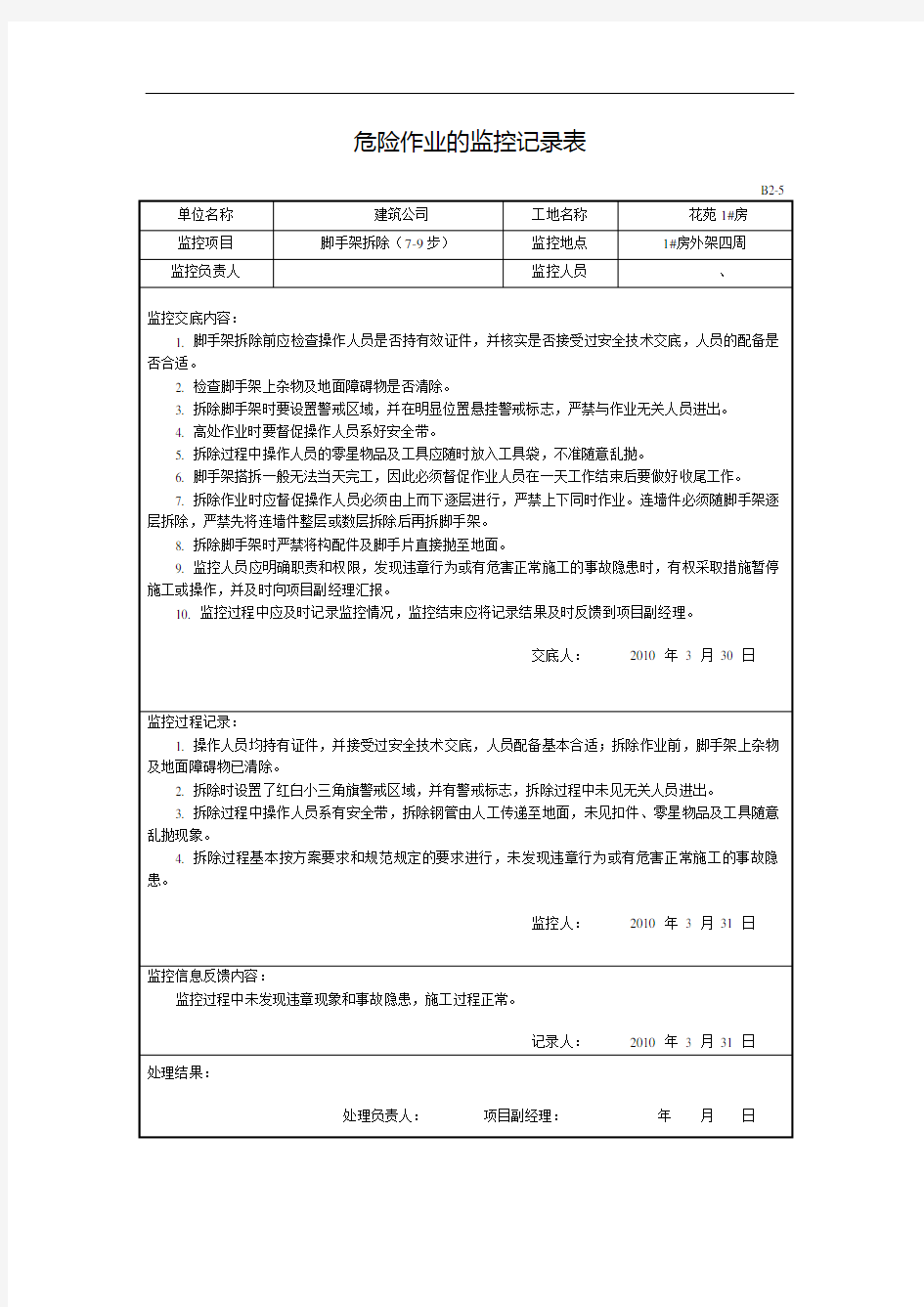 危险作业的监控记录表