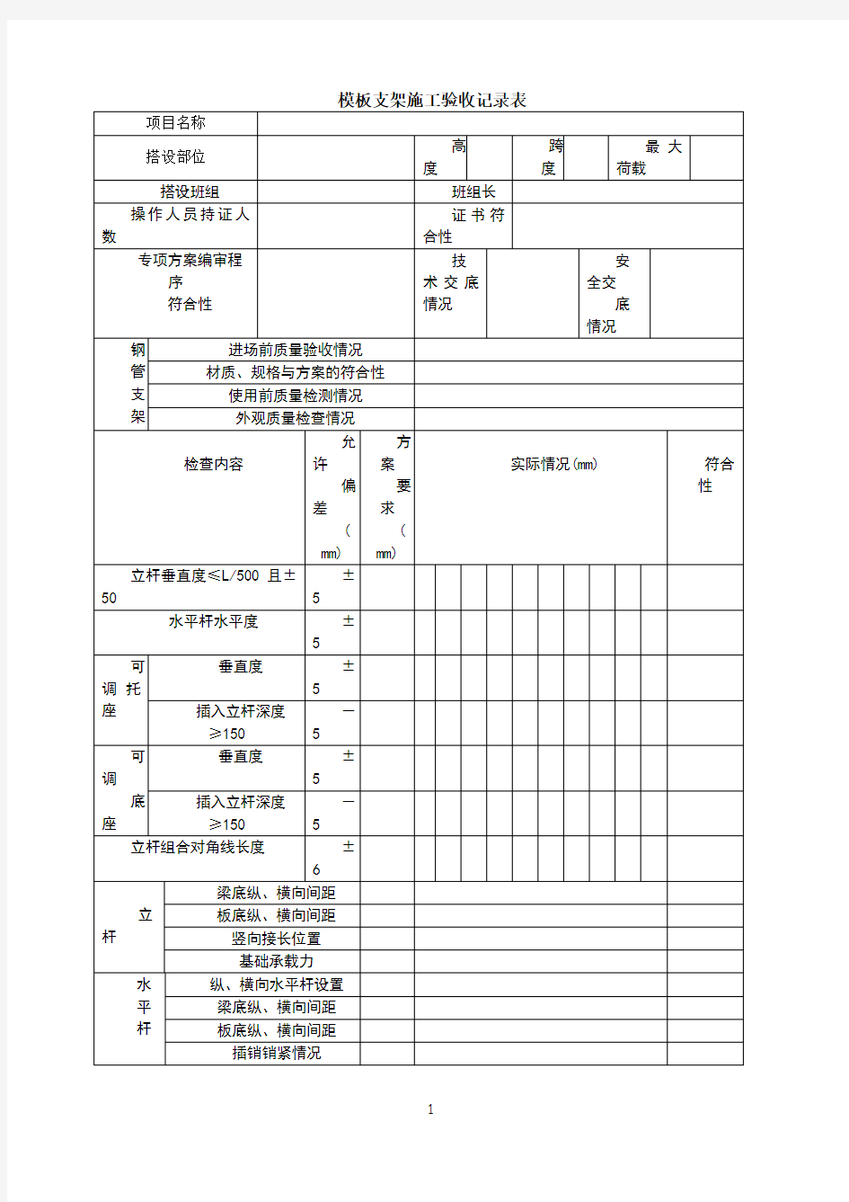 模板支架施工验收记录表